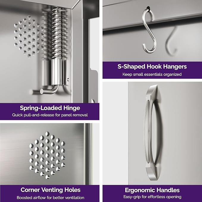 Sersper Outdoor Kitchen Door, 17" W x 24" H Stainless Steel Single Access Door with Venting Holes, Recessed Installation, 1 Ergonomic Handles, 3 Hooks, Ideal for Outdoor Kitchens and BBQ Islands