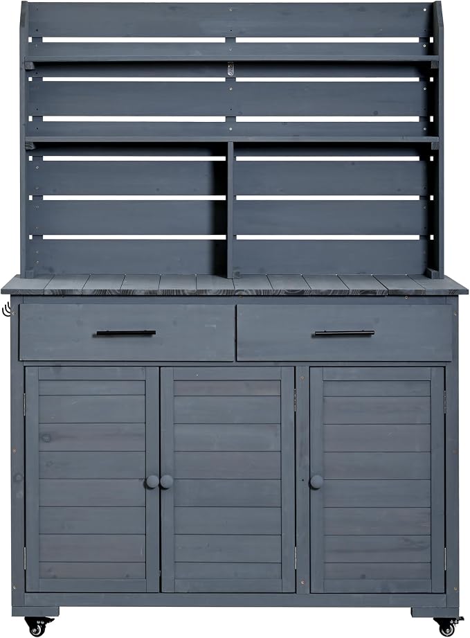 Outdoor Grill Cart with Storage Cabinet, Wood Outdoor Kitchen Island Prep Cart Grill Station for Food Prep and BBQ, Gray
