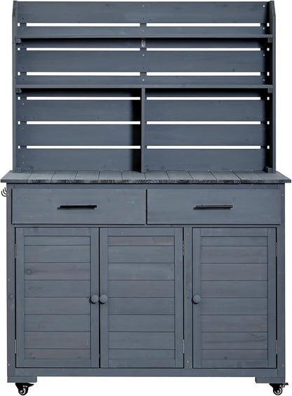 Outdoor Grill Cart with Storage Cabinet, Wood Outdoor Kitchen Island Prep Cart Grill Station for Food Prep and BBQ, Gray