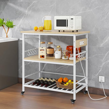 IBUYKE Kitchen Island with 3 Shelves, Island Table for Kitchen with Power Outlet,Kitchen Cart with Large Worktop,Rolling Bar Cart for Home, Outdoor, Kitchen TMJ024R