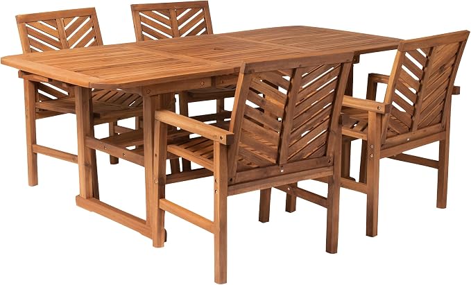 Walker Edison 4-6 Person Outdoor Wood Chevron Back Patio Furniture Dining Set Extendable Table Chairs All Weather Backyard Conversation Garden Poolside Balcony, 5 Piece, Brown