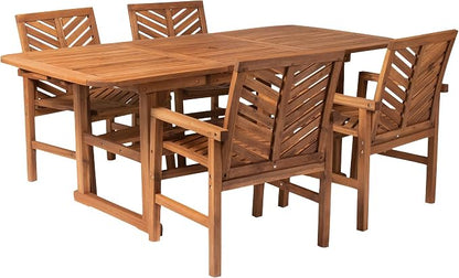 Walker Edison 4-6 Person Outdoor Wood Chevron Back Patio Furniture Dining Set Extendable Table Chairs All Weather Backyard Conversation Garden Poolside Balcony, 5 Piece, Brown