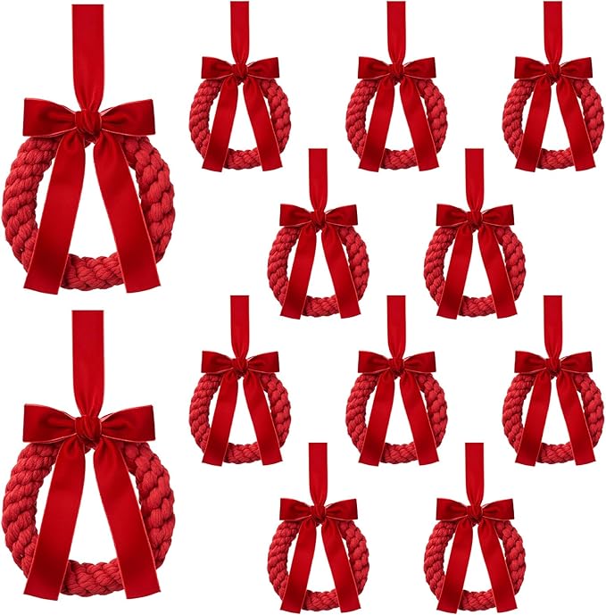 Suncalla 12 Pcs Christmas Velvet Wreath with Bow Ribbon Mini Christmas Kitchen Cabinet Front Door Wreath Decorative for Outdoor Indoor Party Table Fireplaces Porch Walls