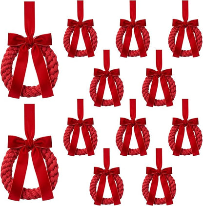 Suncalla 12 Pcs Christmas Velvet Wreath with Bow Ribbon Mini Christmas Kitchen Cabinet Front Door Wreath Decorative for Outdoor Indoor Party Table Fireplaces Porch Walls