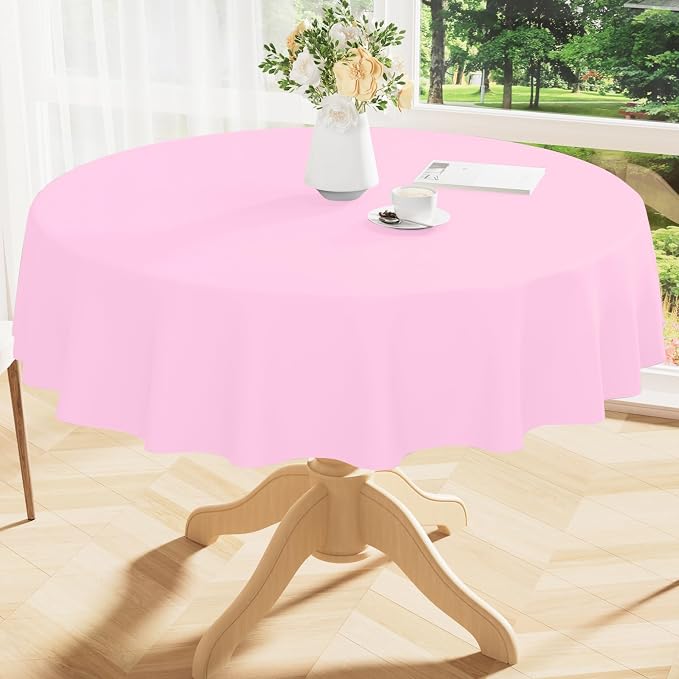 Smiry Round Table Cloth 60 Inch, Waterproof Wipeable Vinyl Tablecloths Protector, Oil Spill Proof Plastic Table Cover for Dining, Picnic, Camping, Outdoor, Pink
