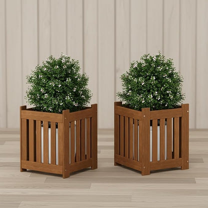 Furinno TIOMAN Planter Box Set of 2, Hardwood Flower Box, Cube Garden Box, in Teak Oil, Outdoor Indoor, Garden, Patio, Balcony, Light Wood