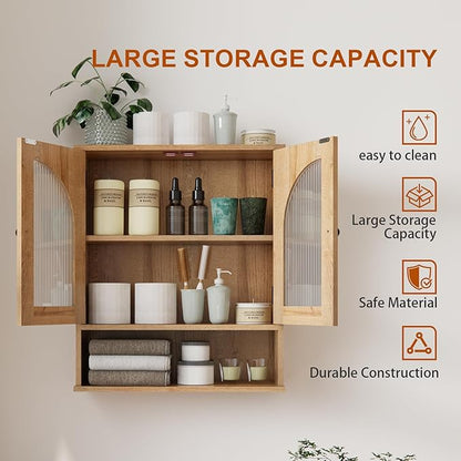 Bathroom Wall Cabinet, Bathroom Storage Cabinet Over Toilet, Medicine Cabinet with Arched Glass Doors & Adjustable Shelves, Wall Mounted Bathroom Cabinet with Open Storage Shelf, Natural