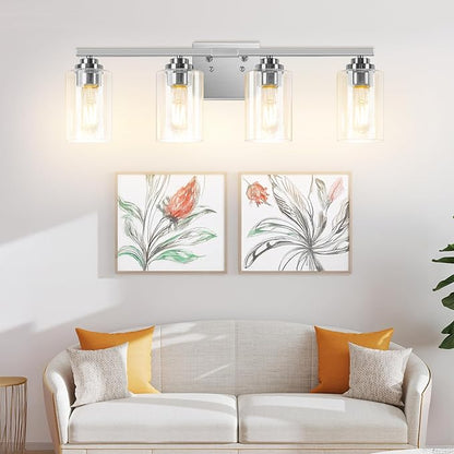 VerRon 4-Light Bathroom Light Fixtures, 27" Brushed Nickel Modern Vanity Lights Over Mirror with Clear Glass Shades, Classic Wall Light Fixture for Mirror Living Room Cabinet Bedroom Porch