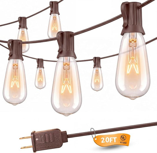SUNSGNE 20Ft Edison Outdoor String Lights with 22 Clear Edison Bulbs, ST40 Vintage Bulbs String Lights, 7W Christmas Hanging Backyard Porch Balcony Party Decoration Lights, E17/C9 Socket Base, Brown