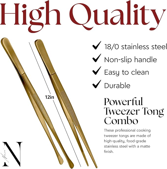 Namre 2 Pcs 12" Kitchen Cooking Tweezer Tongs Set: 18/10 Stainless Steel Food-Grade Metal Food Tong, Seamless-Welding, Sturdy and Non-Slip for Serving, Grilling, Frying (Round & Pointed Tip) Gold