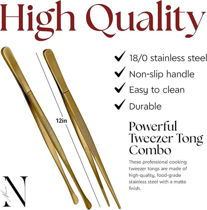Namre 2 Pcs 12" Kitchen Cooking Tweezer Tongs Set: 18/10 Stainless Steel Food-Grade Metal Food Tong, Seamless-Welding, Sturdy and Non-Slip for Serving, Grilling, Frying (Round & Pointed Tip) Gold