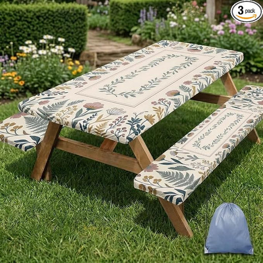 Picnic Table Cover with Bench Covers, Floral Vintage, 72 Inch, 3PCS | Camper waterproof fitted tablecloth with elastic edges outdoor camping essentials with drawstring bag