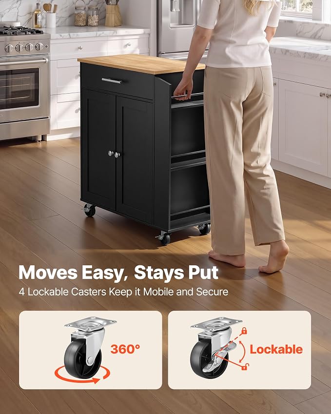 VEVOR Kitchen Island Cart with Storage, 31.3 in Wide Mobile Rolling Storage Island on Swivel Wheels, with Drawer, Storage Cabinet, Spice/Towel Rack, Table for Home Dining Room, Black