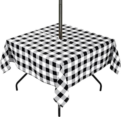 Poise3EHome Square Outdoor Tablecloth with Umbrella Hole and Zipper,Black and White Gingham 60x60 Inch,SpillProof Washable Table Cloth for Spring Summer Patio Garden Poolside Picnic Camping BBQS