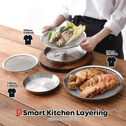 WAGENSTEIGER Stainless Steel Mesh Tray Set with Drip Pan, Air Fryer Basket and Tray, Kitchen Colander, Vegetable and Fruit Strainer, Food Filter, BBQ Prep Tool, Fruit Serving Dishes (7.48 inch)
