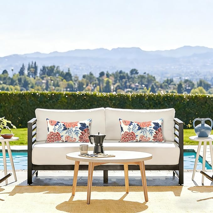 LVTXIII Set of 2 Patio Lumbar Pillow Covers ONLY, 12" x 20" Fade Resistant Outdoor Lumbar Pillow Cases, Fluffy Decorative Garden Lumbar Cushions Covers for Home Patio Coach Sofa Use, Red Chrysanthemum