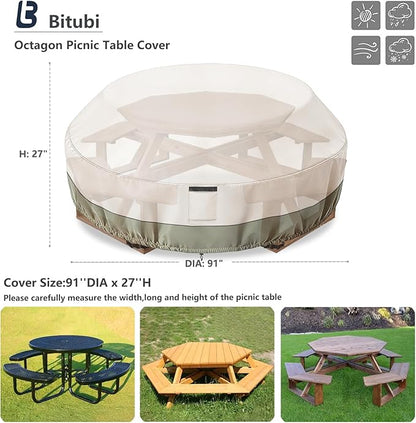 Bitubi Heavy Duty Waterproof Octagon Picnic Table Cover for 6/8-Person Outdoor Bench Patio Round Picnic Table, Beige