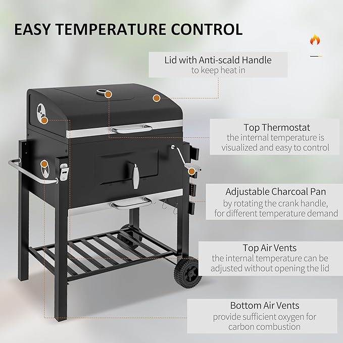 Charcoal BBQ Grill, Outdoor Portable Cooker for Camping or Backyard Picnic with Side Table, Bottom Storage Shelf, Wheels and Handle, Black