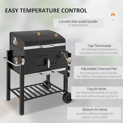 Charcoal BBQ Grill, Outdoor Portable Cooker for Camping or Backyard Picnic with Side Table, Bottom Storage Shelf, Wheels and Handle, Black