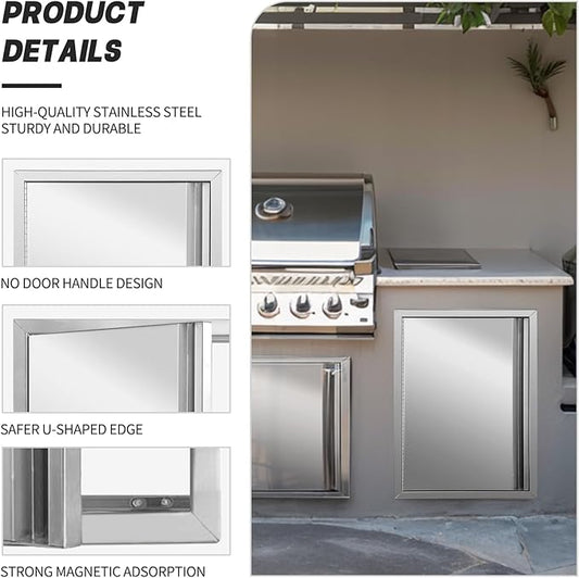 Stainless Steel Outdoor Kitchen Single Handleless BBQ Door, 18W 24H inch Opens Left or Right, Kitchen Cabinet Grill Station or BBQ Island