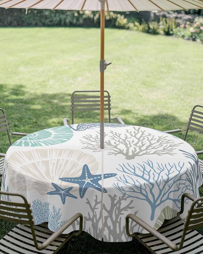 Coastal Outdoor Tablecloth - 60 Inch Round Dining Table Cover, Blue Teal Coral Summer Beach Ocean Starfish Waterproof Outdoor Table Cloth with Umbrella Hole & Zipper for Picnic/Patio/Party