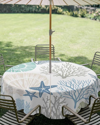 Coastal Outdoor Tablecloth - 60 Inch Round Dining Table Cover, Blue Teal Coral Summer Beach Ocean Starfish Waterproof Outdoor Table Cloth with Umbrella Hole & Zipper for Picnic/Patio/Party