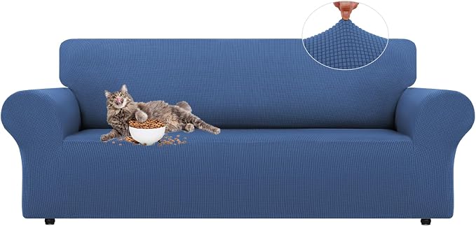 LURKA Stretch Couch Cover for Sofa, 1 Piece 3 Cushion Slipcover, Blue | Soft Stretch Jacquard, Fits 78"-94" Sofas, Elastic Bottom for Secure Fit, Machine Washable, Pet & Kid Friendly