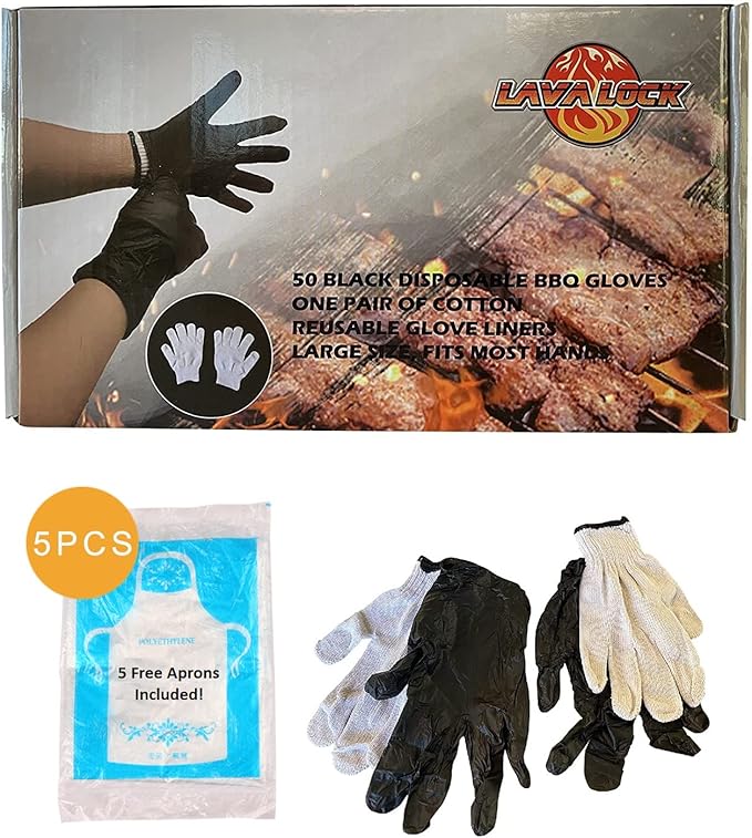 LavaLock Disposable Nitrile BBQ Gloves with Cotton Liners for Outdoor Cooking Grilling Smokers and Barbecue Competition, Chef or Kitchen use (Large 50 Count Black)