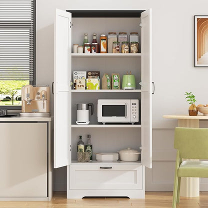 Shintenchi Kitchen Pantry Cabinet, Freestanding Farmhouse Storage Cabinet with 4 Shelves and 1 Drawer, Tall Cupboard for Kitchen, Living Room, Dining Room and Bathroom, White