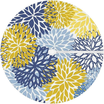 Fitted Round Tablecloth with Umbrella Hole and Zipper Spring Floral Outdoor Elastic Table Cloth 36"-44" Oil-Proof Waterproof Yellow Navy Chrysanthemum Patio Table Cover for Picnic Party