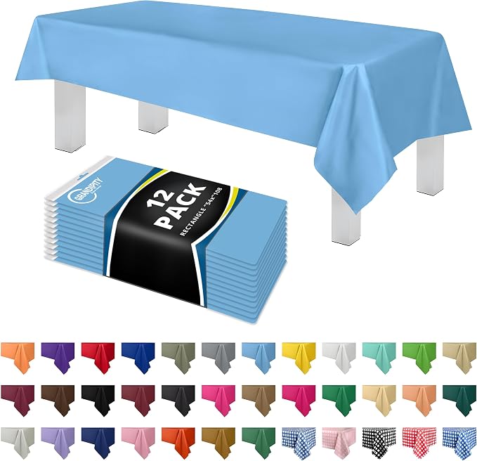 Grandipity 12 Pack Premium Disposable Plastic Tablecloth 54 Inch. x 108 Inch. Decorative Rectangle Table Cover - Sky Blue