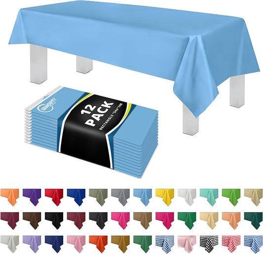 Grandipity 12 Pack Premium Disposable Plastic Tablecloth 54 Inch. x 108 Inch. Decorative Rectangle Table Cover - Sky Blue