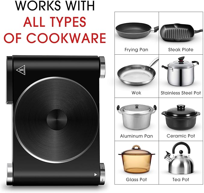 CUSIMAX Electric Burner Hot Plate for Cooking Cast Iron hot plates, Adjustable Temperature Control, Non-Slip Rubber Feet Stainless Steel Easy to Clean, Your Kitchen Assistant