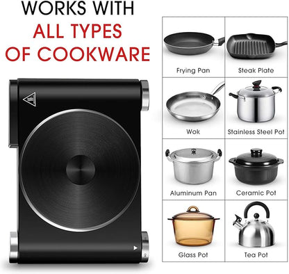 CUSIMAX Electric Burner Hot Plate for Cooking Cast Iron hot plates, Adjustable Temperature Control, Non-Slip Rubber Feet Stainless Steel Easy to Clean, Your Kitchen Assistant