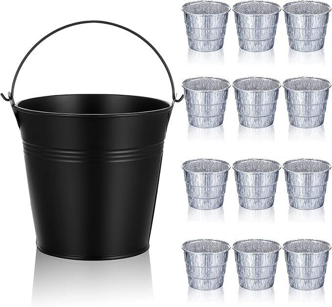 Patelai Drip Grease Bucket Can with 12 Pieces Disposable Foil Pads Grills Bucket Pads Wood Pellet Grills Replacement for Camp Wood Pellet Grill BBQ Accessories (Black)