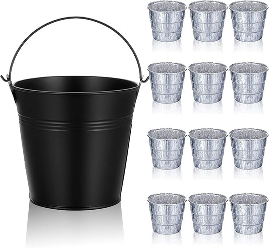 Patelai Drip Grease Bucket Can with 12 Pieces Disposable Foil Pads Grills Bucket Pads Wood Pellet Grills Replacement for Camp Wood Pellet Grill BBQ Accessories (Black)