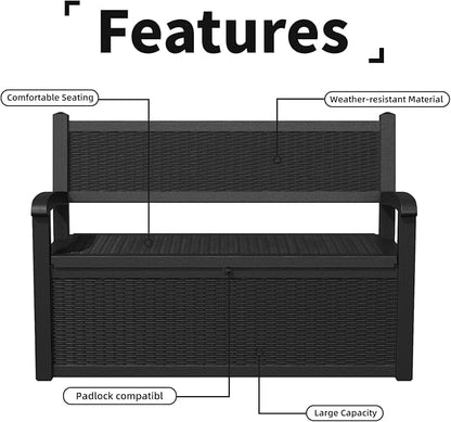 PatioZen 80 Gallon Outdoor Storage Bench Deck Box Waterproof Lockable,Outdoor Storage Furniture for Patio,Garden and Porch,Tools and Cushions（Black）