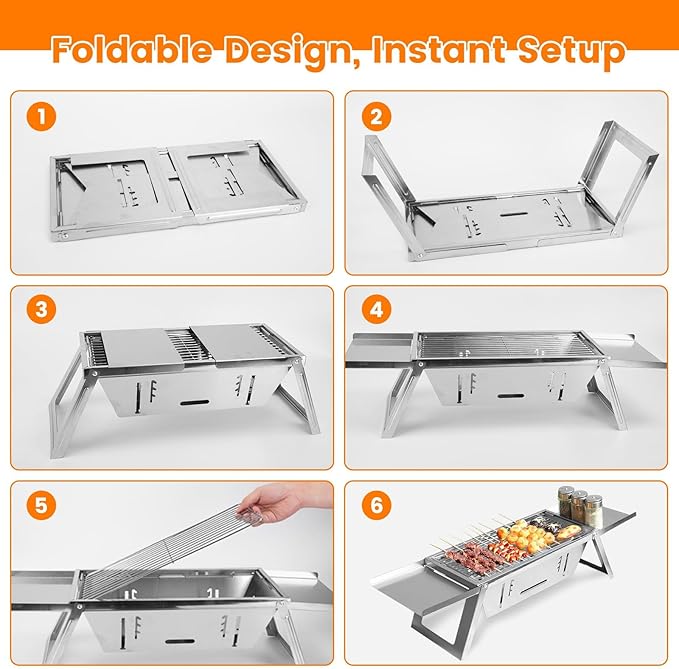 Portable Charcoal Grill, 3 In 1 Stainless Steel Foldable Table Top Charcoal Small Grill, Camping Smoker BBQ Grill with Storage Shelf for Outdoor Cooking, Travel, Camping, Backyard