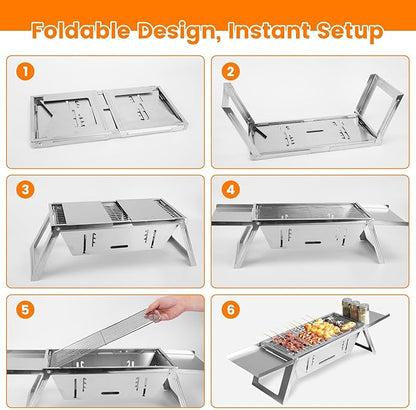 Portable Charcoal Grill, 3 In 1 Stainless Steel Foldable Table Top Charcoal Small Grill, Camping Smoker BBQ Grill with Storage Shelf for Outdoor Cooking, Travel, Camping, Backyard