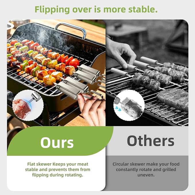 16.5" Metal Skewers for Grilling, Stainless Steel Flat Kabob Skewers | Reusable BBQ Skewers for Kebab Barbecue Grill with Push Bar, Heavy Duty Skewer Sticks for Outdoor Camping Kitchen Cooking