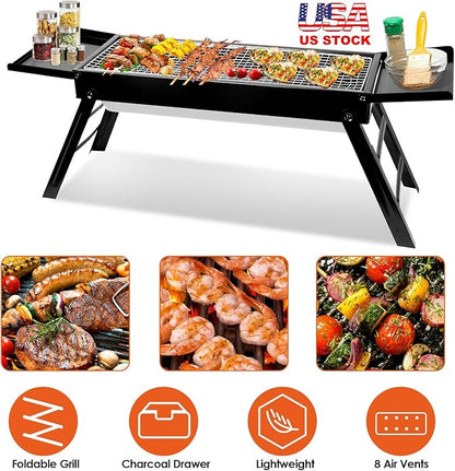 Generic Portable Foldable BBQ Griddle, Outdoor Camping Barbecue Grill, Iron-Plated, Charcoal Drawer, for Outdoor Camping Hiking Picnics Traveling, 34.25in x 8.85in x 12in LxWxH (Ship From US), Black