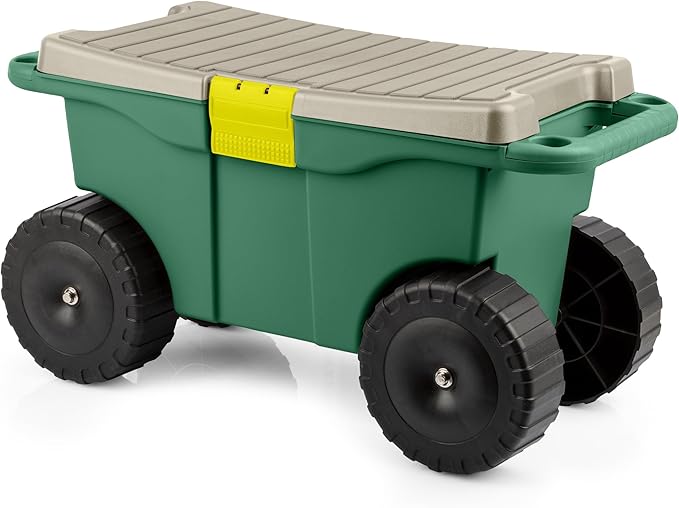 Rolling Garden Cart with Seat - Plastic Storage with Bench and Interior Tool Tray - Gardening Stool for Weeding and Planting By Pure Garden (Green) | Plastic Storage with Bench and Interior Tool Tray - Gardening Stool for Weeding and Planting