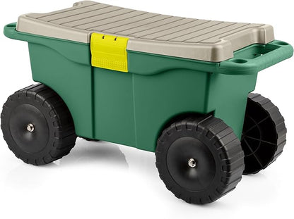 Rolling Garden Cart with Seat - Plastic Storage with Bench and Interior Tool Tray - Gardening Stool for Weeding and Planting By Pure Garden (Green) | Plastic Storage with Bench and Interior Tool Tray - Gardening Stool for Weeding and Planting