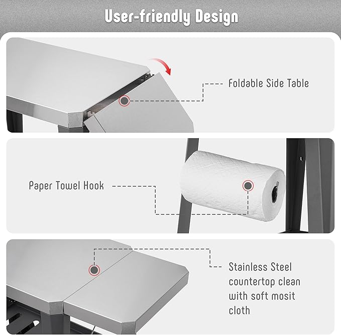 Feasto Grill Table with 31" x 19" Stainless Steel Top, Rolling Pizza Oven Stand with Foldable Extension Table, Outdoor Bar Cart for Compact Pizza Ovens & Griddles, Patio BBQ & Deck Parties, Gray