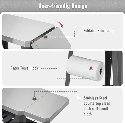 Feasto Grill Table with 31" x 19" Stainless Steel Top, Rolling Pizza Oven Stand with Foldable Extension Table, Outdoor Bar Cart for Compact Pizza Ovens & Griddles, Patio BBQ & Deck Parties, Gray