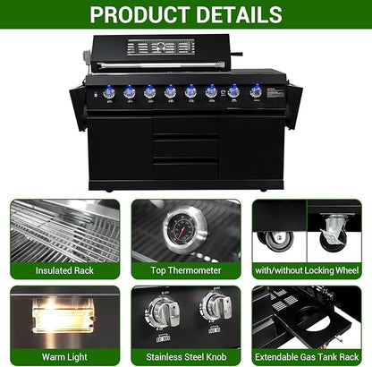 SINDA 6 Burners Gas Grill with Foldable Side Shelf, BBQ Outdoor Grill with 99000 BTUs Output, 3 Drawers for Backyard Barbecue Cooking & Barbecue Grilling，Black