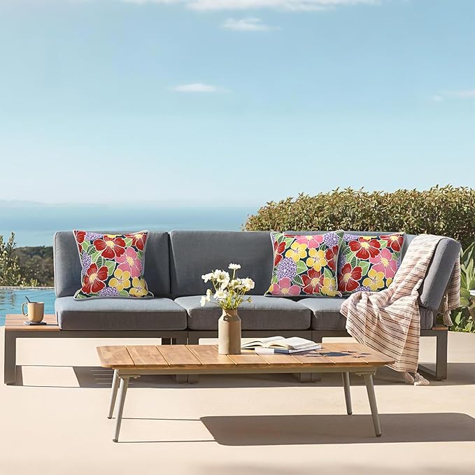 LVTXIII Outdoor/Indoor Pillow Covers, Patio Fade Resistant Throw Pillow Covers ONLY, Waterproof Farmhouse Accent Cushion Cases for Sofa Patio Couch Decoration 18"x18" Set of 2, Flower Bloom