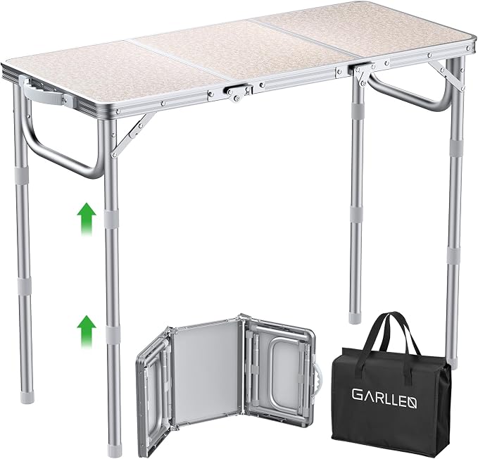 GARLLEN Folding Camping Table with Storage Bag, Max Capacity 66lbs | 3-Height Adjustable Picnic Table with MDF Tabletop, Portable Aluminum Outdoor Table for Camping, Travel, 34.2" L x 15.7" W