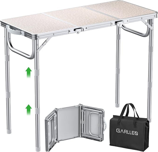 GARLLEN Folding Camping Table with Storage Bag, Max Capacity 66lbs | 3-Height Adjustable Picnic Table with MDF Tabletop, Portable Aluminum Outdoor Table for Camping, Travel, 34.2" L x 15.7" W