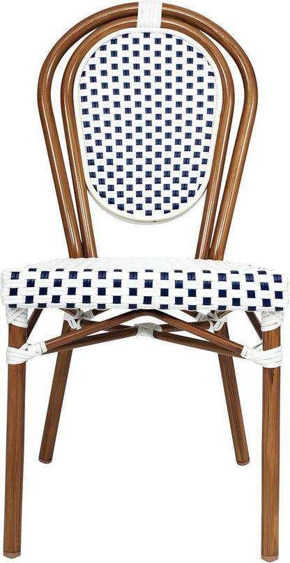 Flash Furniture Lourdes Indoor/Outdoor Commercial Thonet Bistro Stack Chair - White/Navy PE Rattan Back and Seat - Natural Bamboo Print Metal Frame